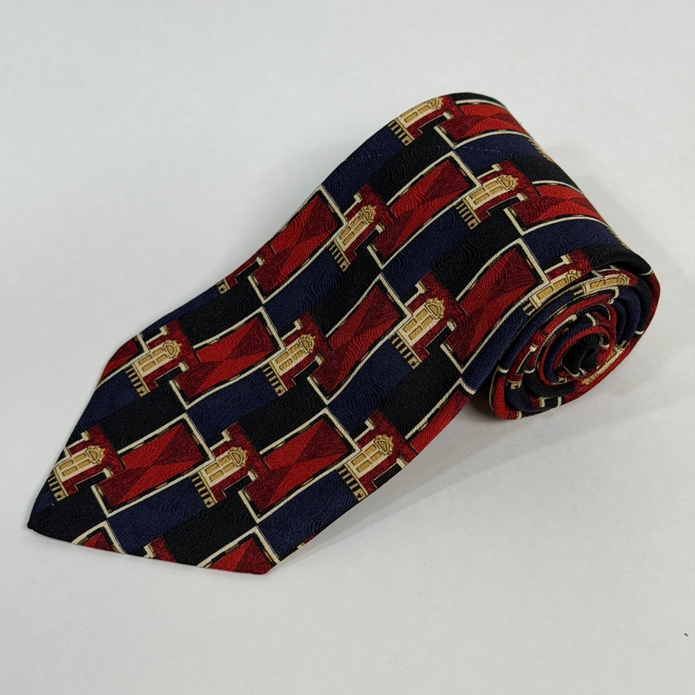 ERMENEGILDO ZEGNA Mens 100% Silk Necktie ITALY Designer Geometric Red Navy